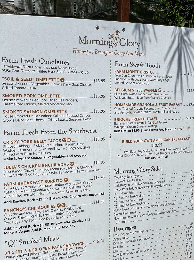 The breakfast menu at Morning Glory at The Farm